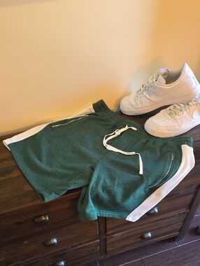 New With Tags Mens Green Terry Knit Drawstring Shorts with White Side Stripe